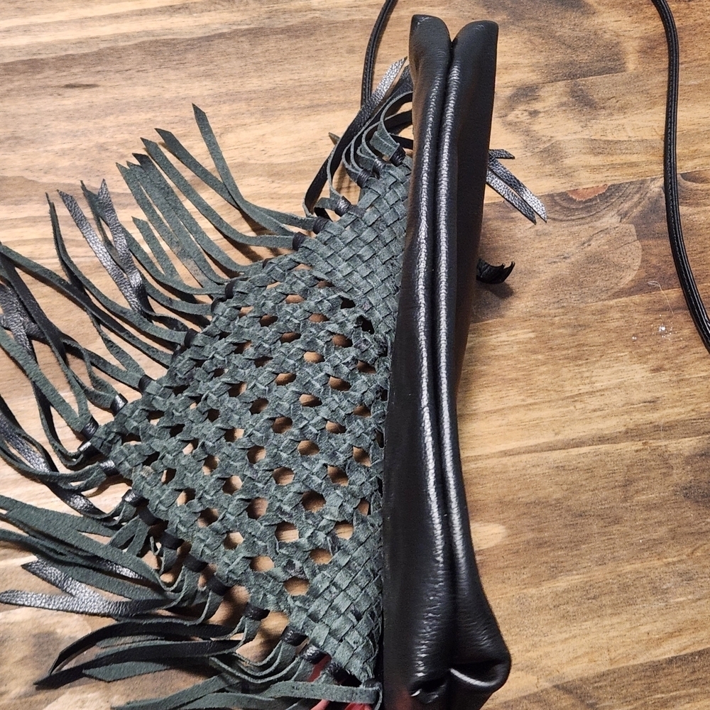 The Sak Filmore Leather 3 in 1 Black Clutch Shoulder Crossbody Woven With Fringe - Picture 11 of 13